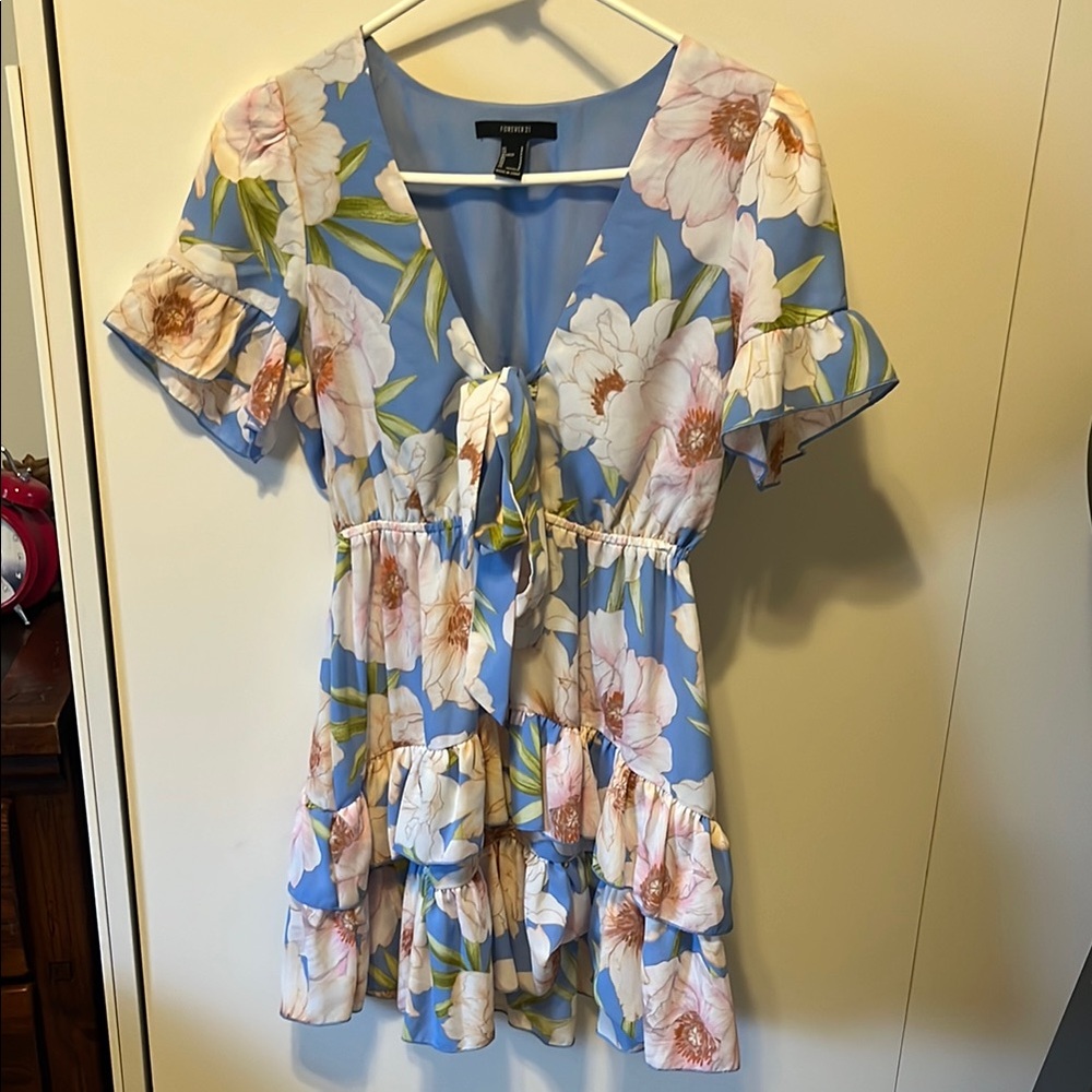 Blue Floral Ruffle Dress with Tie Front